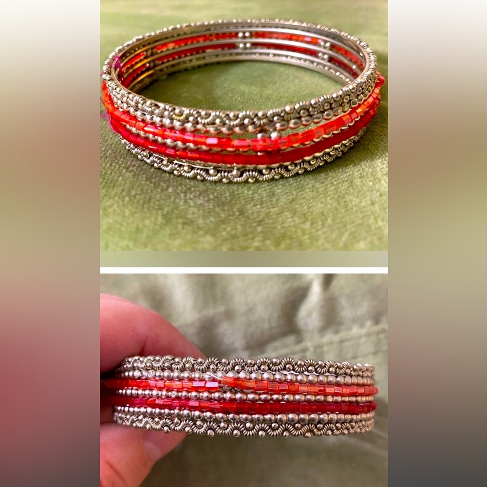 Slip on silver orange red beaded bracelet wire design #12-43